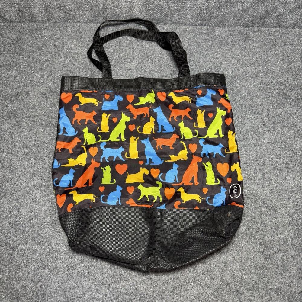 Nylon Fabric Tote Bag Animals Dogs Cats Handbag Black Multicolor (AOP) 15”x 13”